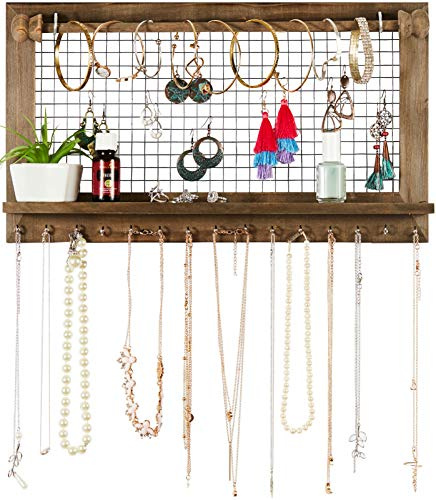 SoCal Buttercup Rustic Jewelry Organizer with Bracelet Rod Wall Mounted - Wooden Wall Mount Holder for Earrings, Necklaces, Bracelets, and Many Other Accessories
