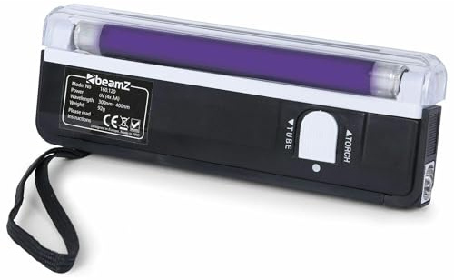 BeamZ Blacklight Linterna UV portátil T5 4W - Doble función luz UV y LED blanca, ideal para geocaching, verificación de billetes, documentos de seguridad y tinta invisible – Ligera y compacta