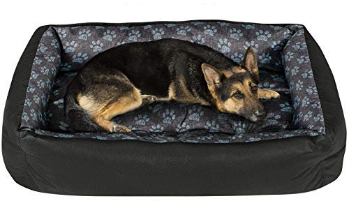 SuperKissen24. Hundebett Hundekorb Hundesofa Tierbett für Kleine, Mittlere und Grosse Hunde - Waschbar - Größe L - Schwarz und Grau - Pfoten aus flachs