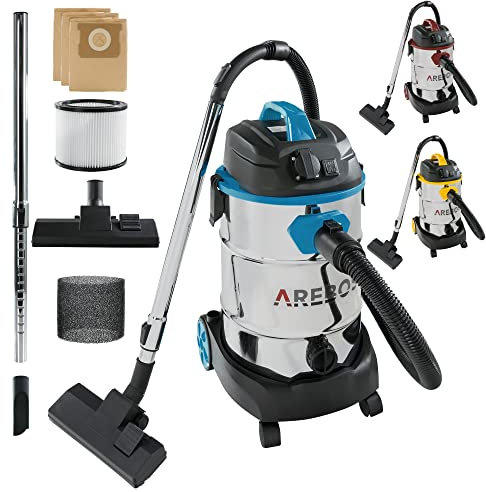 AREBOS Aspirateur Industriel | Aspirateur Eau et Poussière | Aspirateur Professionnel avec Prise de Courant | Aspirateur Sec et Humide | 1600W | 30L | Acier Inoxydable | Bleu