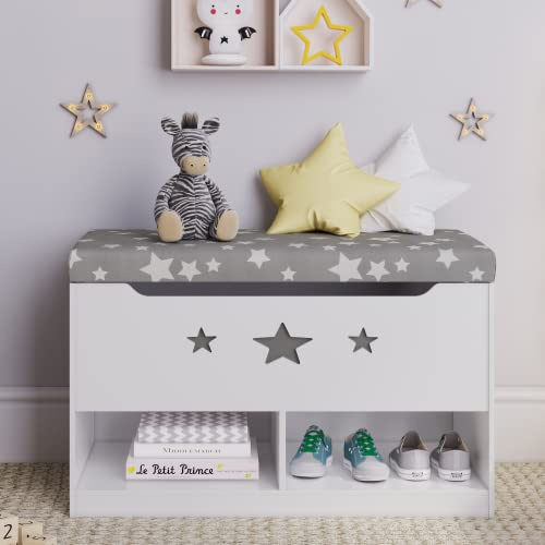 Sturdis Kids Toy Box – Gray & White with Cushion Storage Bench Seat, Toy Storage Chest And Cubby Space For Shoes And Books Organizers