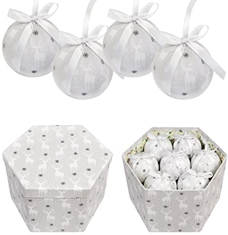 The Christmas Workshop Set of 14 Christmas Baubles/Various Festive Designs/Gift Boxed Christmas Tree Decorations / 7.5cm Diameter Baubles (White & Silver Reindeer)