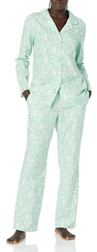 Amazon Essentials Set pigiama da donna in flanella a maniche lunghe con bottoni frontali e pantaloni, verde menta animali della foresta, XS