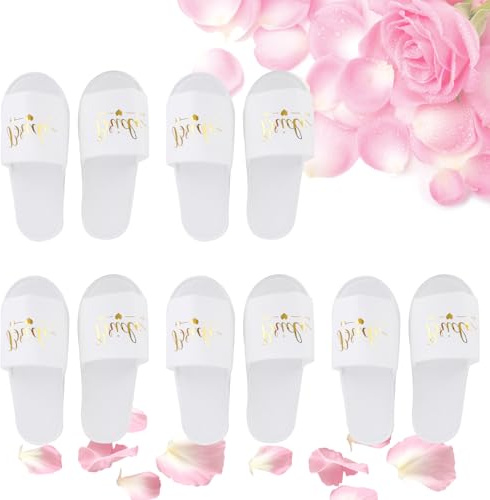 Hapivida 5 Paires de Pantoufles d'Hôtel, Pantoufles de Mariée de Mariage Portables Pantoufles Jetables Blanches, Pantoufles de Fête de Mariage Pantoufles de Spa de Douche Nuptiale(Mariée-1)