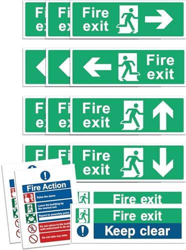 Rubigo 16PK/32PK Fire Exit Signs (RIGHT, LEFT, UP, DOWN ARROW) Keep Clear, Fire Action Safety Signs, 30 X 10cm, Self Adhesive Vinyl Sticker, Emergency Exit Door, Signage (16pk)