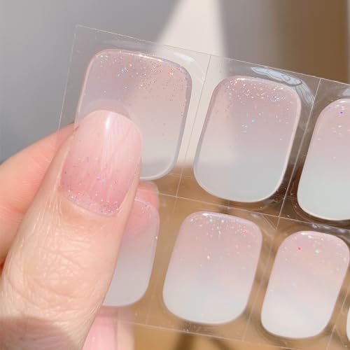DANNI & TONI 28Pcs Ombre Semi Cured Gel Nail Wraps, Pink Translucent Fine Glitter Soft Self-Adhesive Nail Stickers,UV/LED Lamp Required Salon-Quality Gel Nail Polish Strips(in The Mood for Love)
