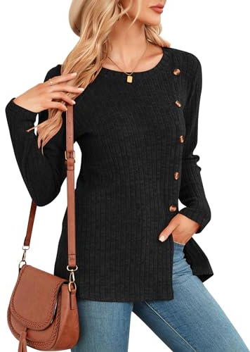 NARRAME Pull Femme Hiver Noir Manches Longues Haut Femme Boutons Fente Latérale Chemisier Sweat Tunique Ajustée X-Large