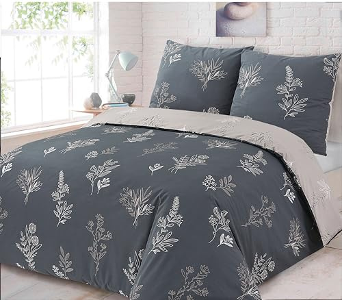 Vision - Parure de lit Réversible 100% Coton - Helena Beige/Gris - Set de Housse de Couette 240x220 cm avec 2 taies d'oreiller pour lit Standard 2 Personnes - Fibres Naturelles - Oekotex
