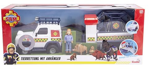 Simba Feuerwehrmann Sam Tierrettung mit Anhänger, Anhänger aufklappbar zur Station, Fahrzeug mit Licht, mit Figur, Tiere, Zubehör, L:34cm, ab 3 Jahren