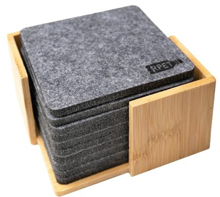 Chinchilla® 10 Posavasos ecológicos de Fieltro Reciclado RPET con Elegante Soporte de bambú | Decoración de Mesa sostenible para el hogar y la Oficina | Práctico Juego en Gris y marrón
