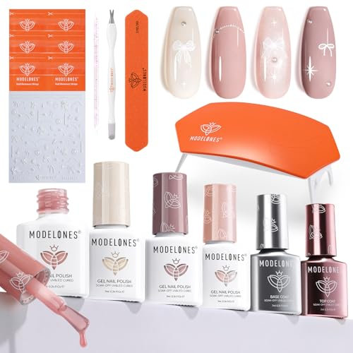 Modelones Kit Semipermanente Unghie, 4 Colori Kit Unghie Gel Completo con Lampada Led 8W, Top & Base Coat e Decorazione Set Semipermanente Unghie Completo per Le Donne Fai Da,Bianco Rosa Glitter Nudo