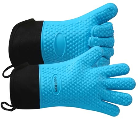 GEEKHOM Guantes Cocina, XL Guantes Horno, Manoplas para Barbacoa Asado BBQ, Resistentes al Calor hasta 230℃ con Silicona Antideslizantes Impermeable, 35.56cm Largo para Proteger El Antebrazo -Azul