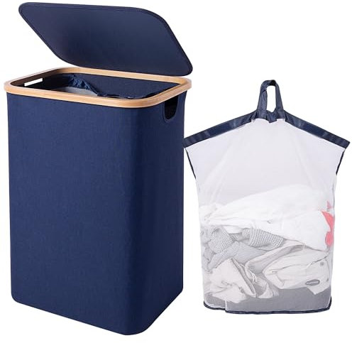 Woodluv Large Collapsible Foldable Laundry Hamper Basket with Lid & Removable Liner, Tall Laundry Hamper with Lid for Dirty Cloth Toys Towels - Navy Blue