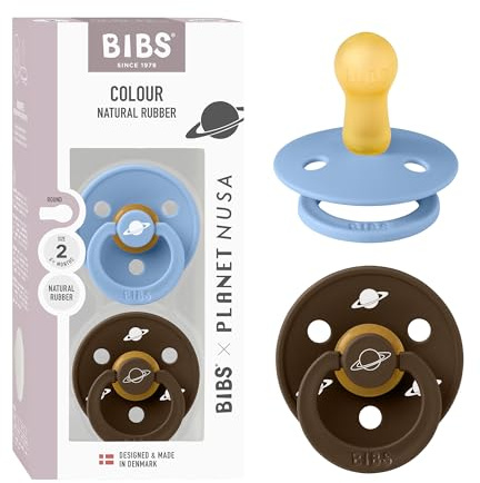 BIBS Colour Planet Nusa Collection Pacifier Soother 2-Pack, BPA Free Dummy, Round Nipple. Natural Rubber Latex, Made in Denmark, Size 2 (6+ Months) Sky Blue Mix