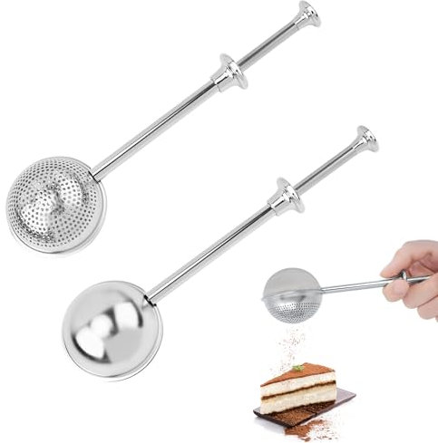 2 Pack Flour Sifter Set,Flour Shaker for Baking,Icing Sugar Shaker,Duster Baker's Dusting Wand Dispenser for Baking,Sifting Sugar,Flour,Spices,and Tea Balls for Loose Tea（Full and Half Sieves）
