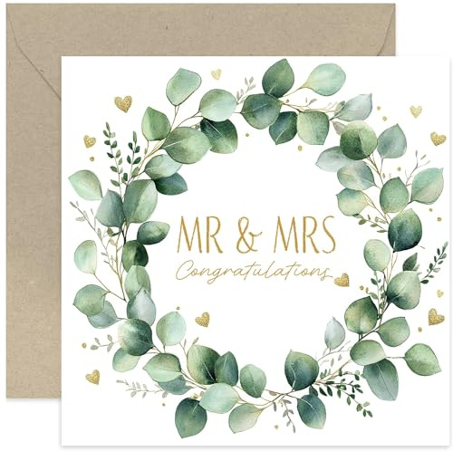 Mr and Mrs Wedding Card - Eucalyptus Wreath with Gold Hearts - Modern Design - Congratulations to Bride and Groom on Special Day - Celebrations for Him and Her, Husband and Wife - Blank Inside