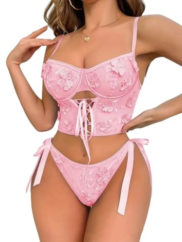 HOTSO Femme Ensemble de Lingerie Sexy en Dentelle String sous-Vêtements De Seduction 2 Pièces Soutien Push Up Babydoll Nuisette Transparent Fleurs sous-Vêtements V Vêtements Nuit Christmas Santa Xmas