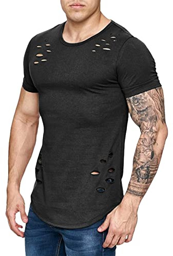 Duohropke T Shirt da uomo con scollo rotondo, maglietta sportiva strappata, slim fit, personalità, per l'estate, per il fitness, traspirante, casual, tinta unita, funzionale