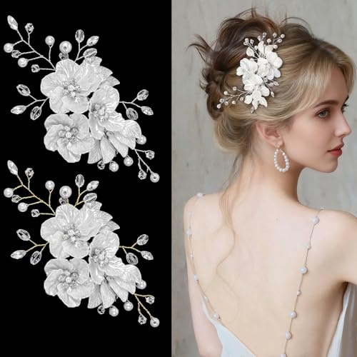 Bridal Wedding Hair Pins, 2 PCS Wedding Hair Accessories for women, Handcrafted Pearl Flower Hair Accessories, Bridal Fascinators with Flower Rhinestone for Bridesmaids Guests Updo Floral Headpiece
