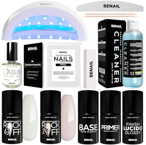 Kit Semipermanente Unghie Professionale, Kit Ricostruzione Unghie Gel Completo, Lampada Uv Led 48w, Smalto Unghie Primer, Base & Top Coat Semipermanente (Lattiginoso)