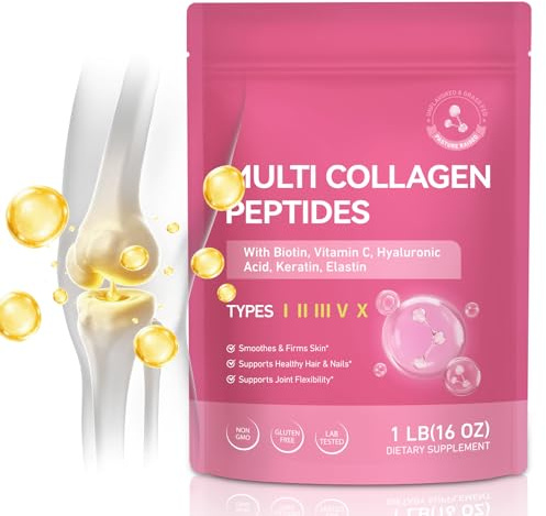 Collagene Peptidi Polvere 454g – Multi Collagene Tipo I II III V X con Vitamina C, Biotina, Acido Ialuronico, Cheratina ed Elastina – Collagene Idrolizzato Senza Gusto – Per Pelle Capelli Unghie