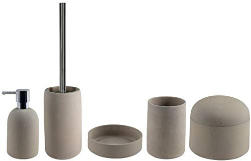 Spirella Badezimmer Set, 5-teiliges Badzubehör aus Steinzeug Gemma Seifenspender, WC Bürste, Seifenschale, Aufbewahrungsdose und Zahnputzbecher Earth Beige