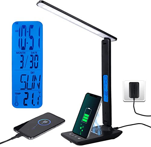 CSYY Lampe de bureau LED avec chargeur sans fil 10W, 3 Modes/ 5 Niveaux de luminosité/Réveil/Température et Calendrier/Support Téléphone, Lampe de Bureau LED Tactile Protection des Yeux (Noir)