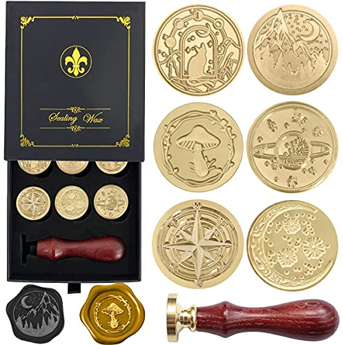 Wax Seal Stamp Gift Box Set, 6 Pcs Sealing Wax Stamps Copper Seals 1 Wooden Hilt, Wax Stamp Kit for Cards Envelopes, Gift Packaging (Vast Universe Series)