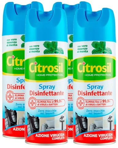 Citrosil Home Protection Spray desinfectante con verdaderas esencias de menta, elimina gérmenes y bacterias, cero manchas en los tejidos, elimina malos olores, 300 ml x 4 unidades