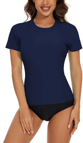 Bonneuitbebe Women's Short Sleeve Rash Guard with Built in Bra Swim Shirt UPF50+ Quick Dry Lightweight Swimsuit Top Navy Blue