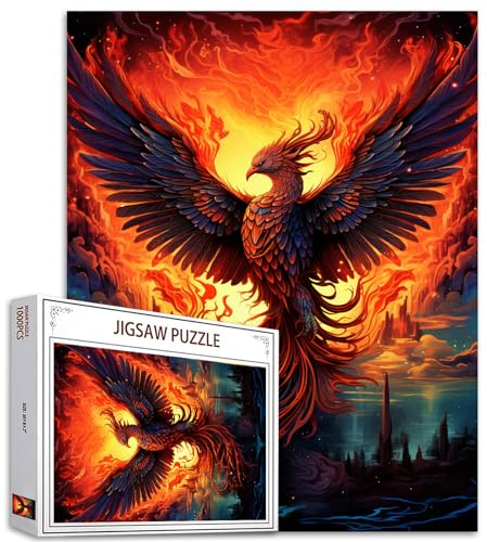 Puzzle de 1 000 pièces pour adultes, familles (vie sauvage, phénix, oiseaux) qui s'emboîtent parfaitement – 50 x 70 cm – Créature mythique – Puzzle magique à encadrer (rouge)