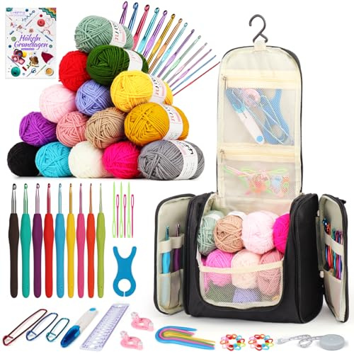 Coopay Set all'uncinetto portatile per principianti, set completo con uncinetti ergonomici da 2,0 – 10 mm, 15 colori lana per uncinetto, istruzioni, accessori all'uncinetto e borsa, set regalo