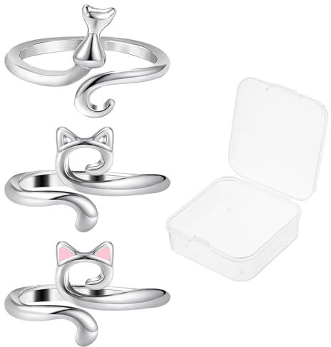 3 Stück Verstellbare Häkelringe Strickgarn-Führungshalter Süßer Katzen-Spannungsring Weit Geöffneter Fingerschlaufenhaken Strickfingerhut Geflochtenes Zubehör für DIY Schals Pullover Handarbeiten