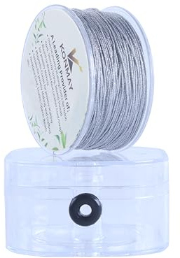 KONMAY 0,8 mm silvermetallisk nylonrep för armband med organisatörslåda, 50 m silversnöre, hantverkstråd för presentinslagning, dekoration och hantverk