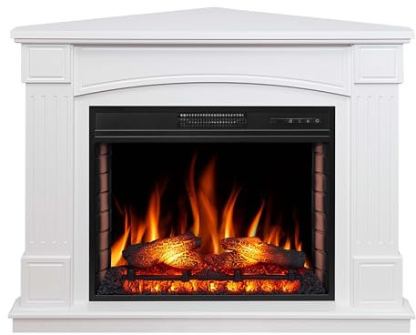 ArtiFlame Camino elettrico Boston Corner AF28S bianco con effetto fiamma LED, tronchi realistici, riscaldamento fino a 30 m², risparmio energetico, autoportante o montaggio ad angolo