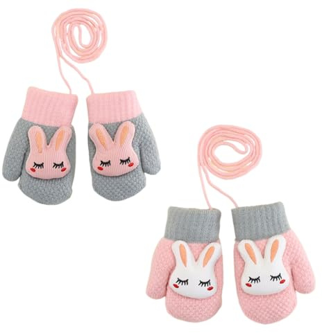 dinghaole 2 Paires Moufles Bébé Mitaines Tricoté Chaud Douce,Moufles Polaire pour Enfants 0 à 3 Ans,Cartoon Mignon Gloves avec Corde Epais Chaud Mitaines avec,Ficelle Gant Chaud Moufle Mignon