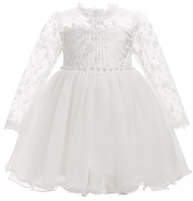 FYMNSI Baby Girl Birthday Party Dress Floral Embroidery Mesh Long Sleeve Tutu Tulle Princess Dresses for Infant Wedding Guest Pageant Christening Baptism Easter Evening Formal White 18-24 Months