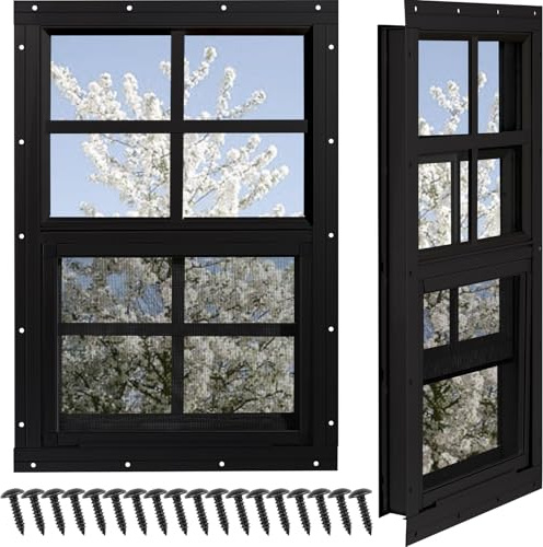 NOTASA Shed Windows 2 Pack, Chicken Coop Windows 12 x 18 with Tempered Glass and Fiberglass Screen, Flush Mounted Small Window for Shed, Barns, Playhouse, Household, Garage (Black)