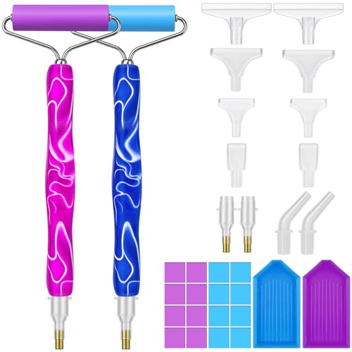 Furuising 2Pcs Diamond Art Pens with Rollers, 36Pcs Diamond Art Accessories Tools, Painting Pen with 2Pcs Trays, 12Pcs Replacement Tips, 20Pcs Wax for Adults Kids