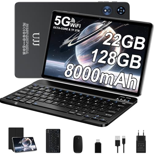 Tablet Android con Octa-Core 2.0GHz, 22GB RAM + 128GB ROM (TF 2TB), 8000mAh, 5G WiFi6 , Bluetooth 5.0, 1080 * 800 FHD IPS, GMS, Widevine L1, 5MP + 8MP, Tablet 10 Pulgadas con Teclado y Raton - Negro
