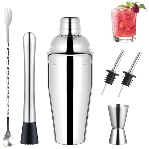 Cocktail Shaker, Basics Cocktail, Acier Inoxydable 750ML 6 Pièces Cocktailshaker Bartender Set, Accessoire de Barman Professionnel, Outil de Bar, pour Maison, Bar, Fête, Mariage