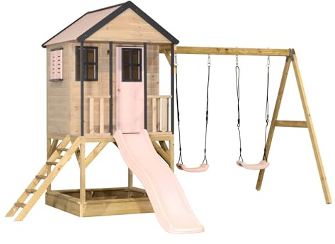 Wendi Toys M60PP stylhus med rutschkana och dubbelgunga – utomhus lektorn av FSC-trä för barn, trädgård, piedestal 90 cm, 290 × 405 × 242 cm, med 175 cm rutschkana och sandlåda, väderbeständig