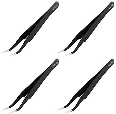 Aoje-Link ESD-15 professionell antistatisk teknik pincett, icke-magnetisk fin spets, böjd, rostfritt stål plastbelagd, full längd 120 mm, svart, 4 st