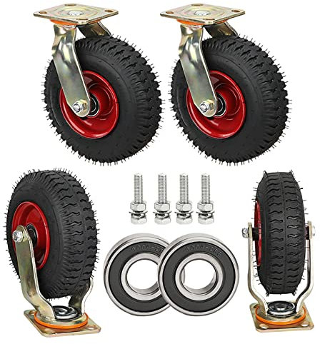 LIGUOYI Transportwagen Lenkrolle Ø 200/250mm - 115 X 100mm Platte Mit Montageschrauben, Luftreifen Gummi Lenkrolle, Leise Dämpfung Pannensicher Schlauchlos, Rollenlager,Plattformwagen Rad 4 Stück