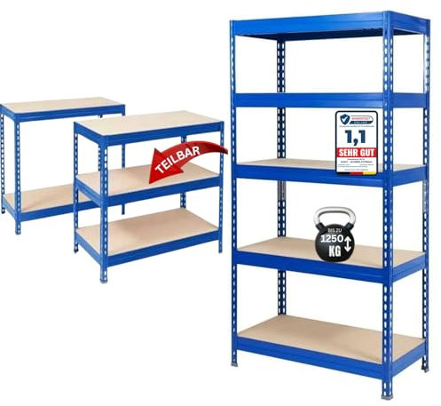 KARAT Étagère pour Charges Lourdes - 180 x 90 x 60 cm - en Acier et métal - Certifié TÜV/GS - 5 tablettes réglables (Bleu)