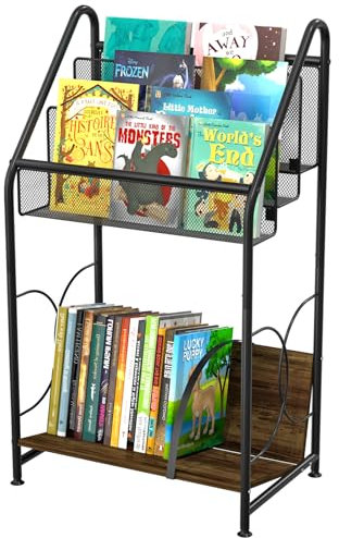 VyGrow Bücherregal, 4-stöckig, Metall & Holz, Rollwagen auf Rädern, Plattenschrank für Buchmagazin, Plattenhalter, bis zu 100 Alben, Multifunktions-Allzweckwagen, Schwarz