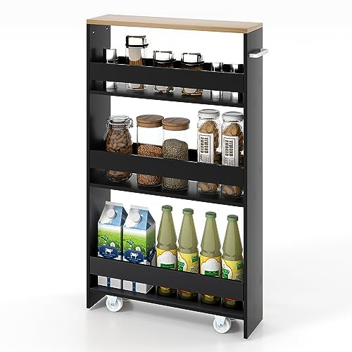 KOMFOTTEU Carrello Portaoggetti a 4 Ripiani, Carrello da Bagno e Cucina con Ruote Rirevoli a 360°, Carrellino Scorrevole con Maniglia, Slim e Sottile, Salvaspazio per Lavanderia (Nero e Naturale)