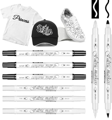 uinnossvc 6 Stück Textilstifte Waschmaschinenfest, 1-5mm Dual Tip Textilmarker, Stoff Stifte Waschfest Textilmarker, Textilstifte Textilfarbe Stoffmalstifte für T-Shirt Textilien (Schwarz, Weiß)