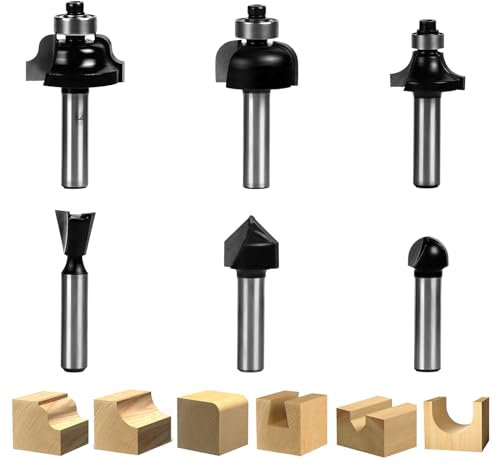 Kantenfräser mit 8 mm Schaft, 6PCS Rundungsfräser Flush Trim Pattern Template-Fräser, Holzoberlager-Fräswerkzeug, Fasenfräser, Kantenformender runder Kantenfräser mit Hartmetallspitze