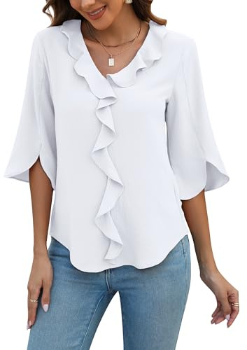 Blooming Jelly Womens Dressy Casual Blouses 3/4 Length Sleeve V Neck Ruffle Tops Business Ladies Summer 2026 Trendy Fashion Work Shirt (Large, White)